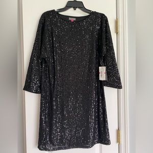 Vince Camuto Black Sequin Dolman Shift Dress Minidress 3/4 Sleeve Small